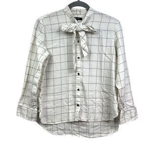 Madewell Women Flannel Blouse Windowpane Tie Neck Long Sleeve‎ White Black Sz XS